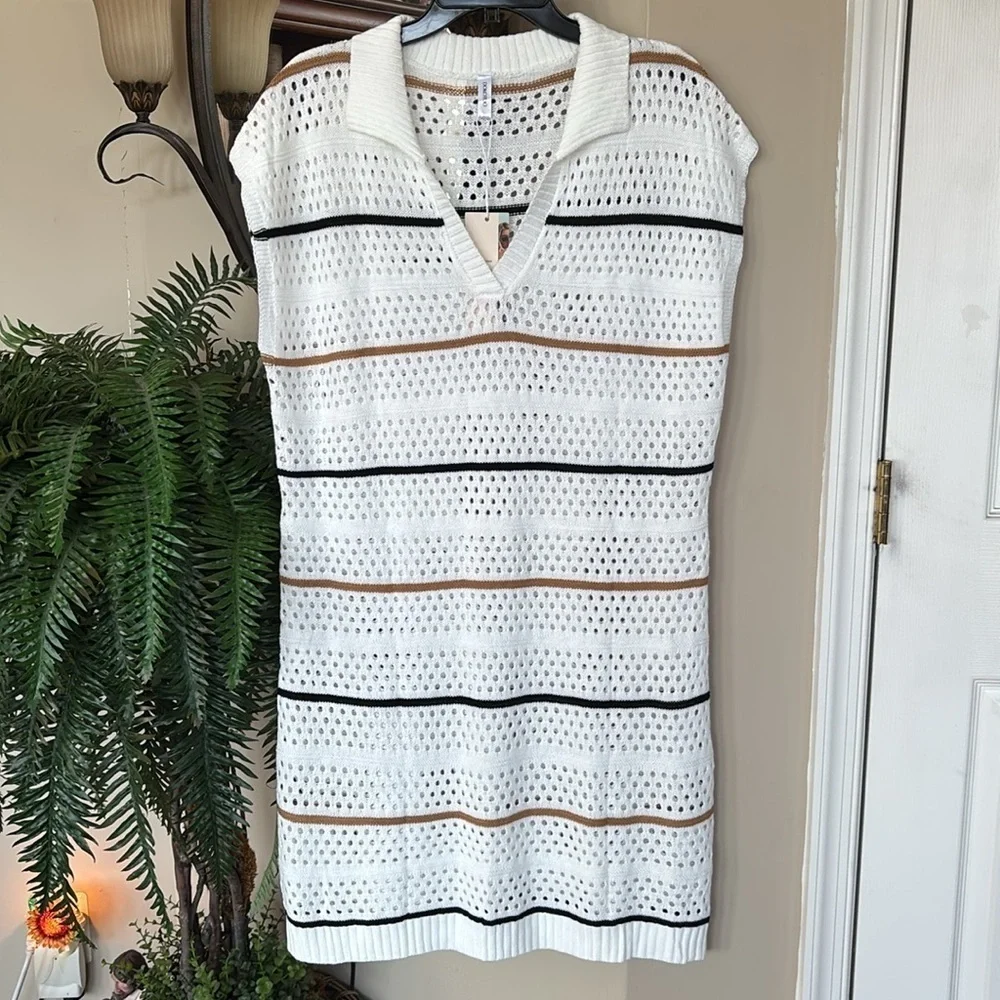 Brand New Dokotoo White Striped Crochet Knit Sweater Dress Swim Coverup V-Neck